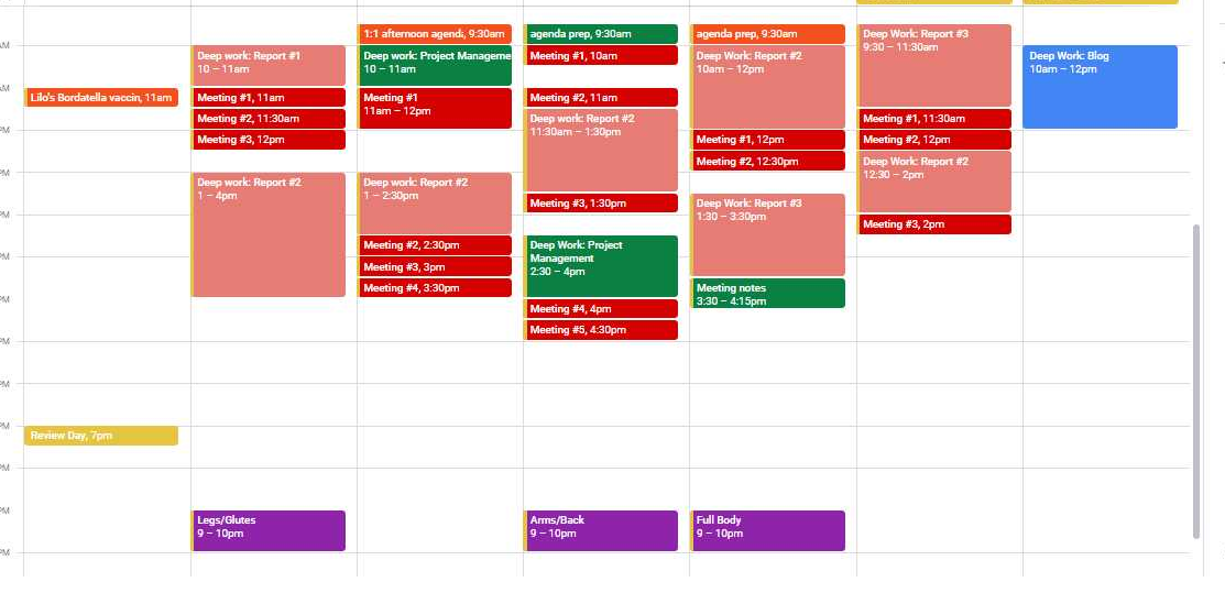 Screenshot of Erikas calendar work week, color coded based on what needs to be completed throughout the week